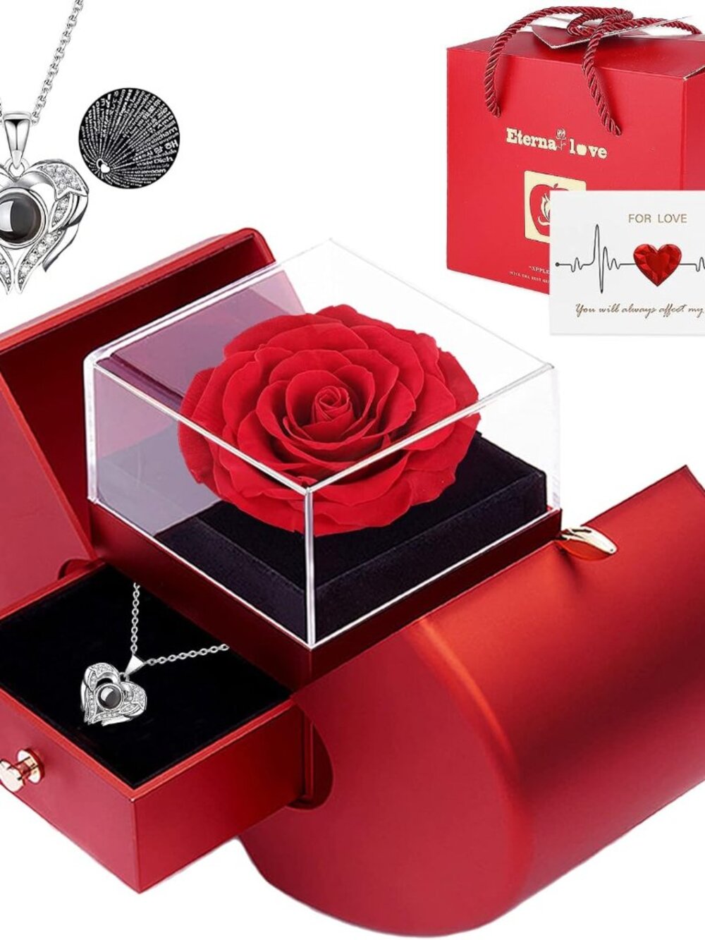 Preserved Real Rose with I love you Necklace 100 Languages, Gifts for Girlfriend